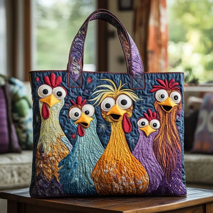 Quiltet tote bag med fem farverige høns