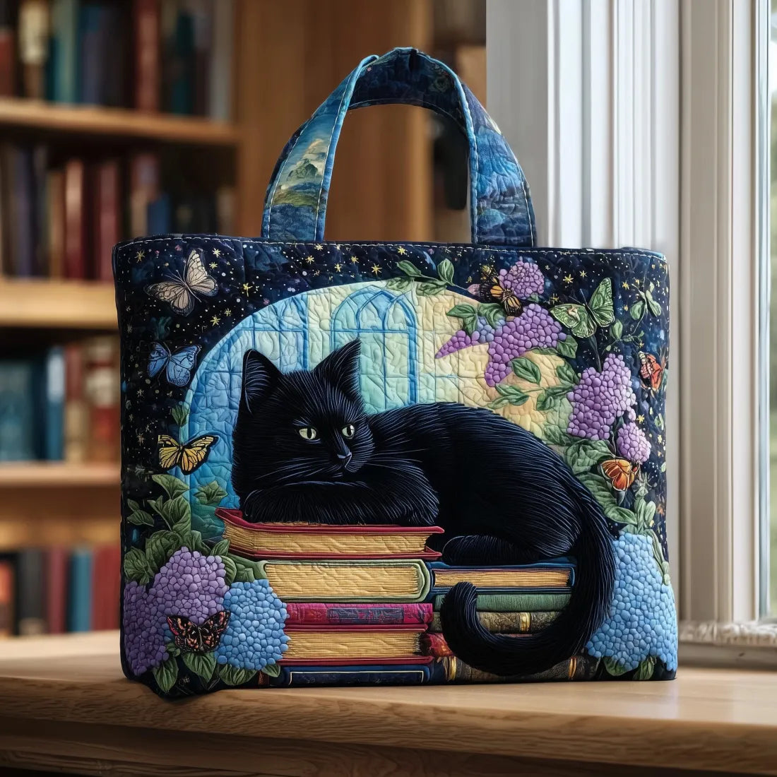 Quiltet tote bag med sort kat på bøger
