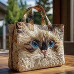 Quiltet tote bag med hvid kat med blå øjne