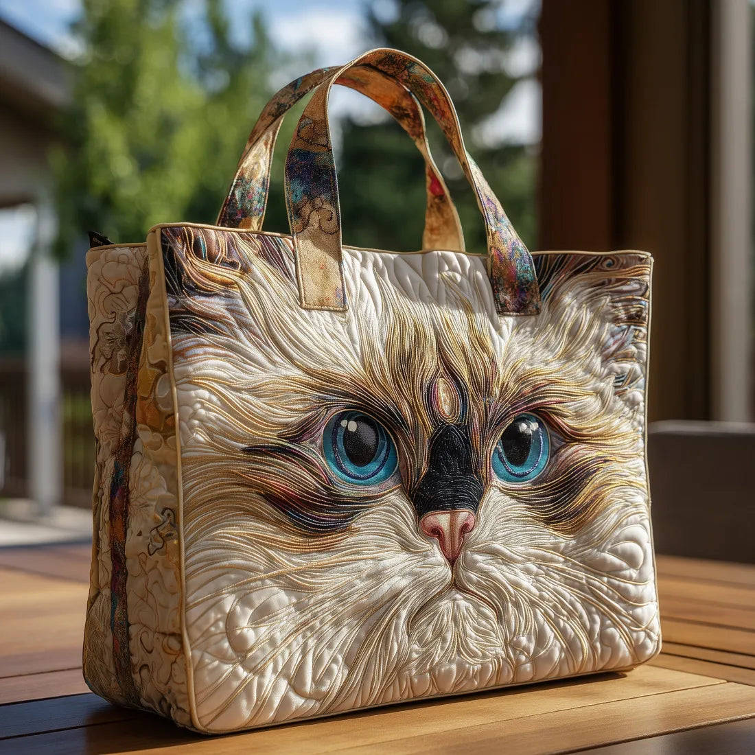 Quiltet tote bag med hvid kat med blå øjne