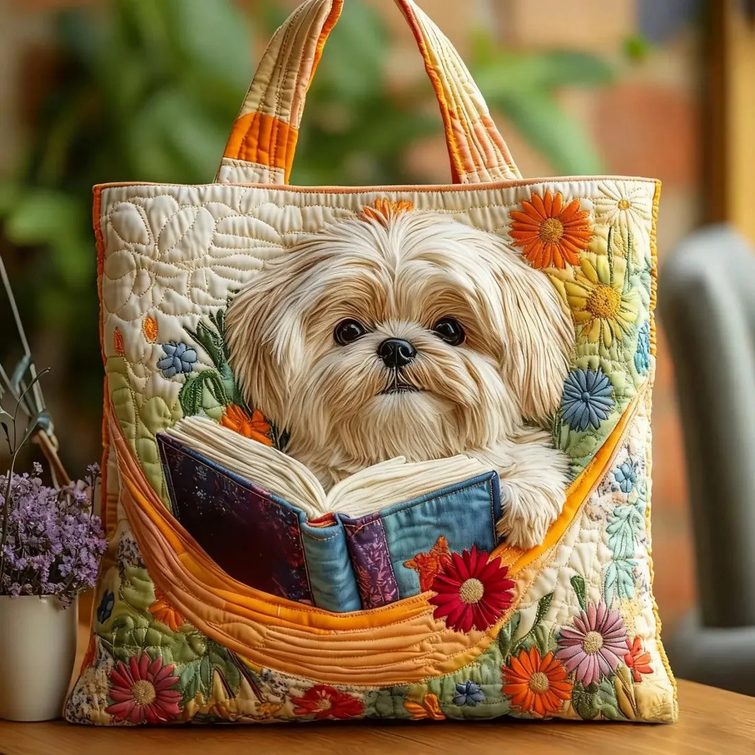 Quiltet tote bag med shih Tzu med bøger og blomster