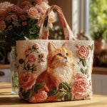 Quiltet tote bag med ingefær kat med roser