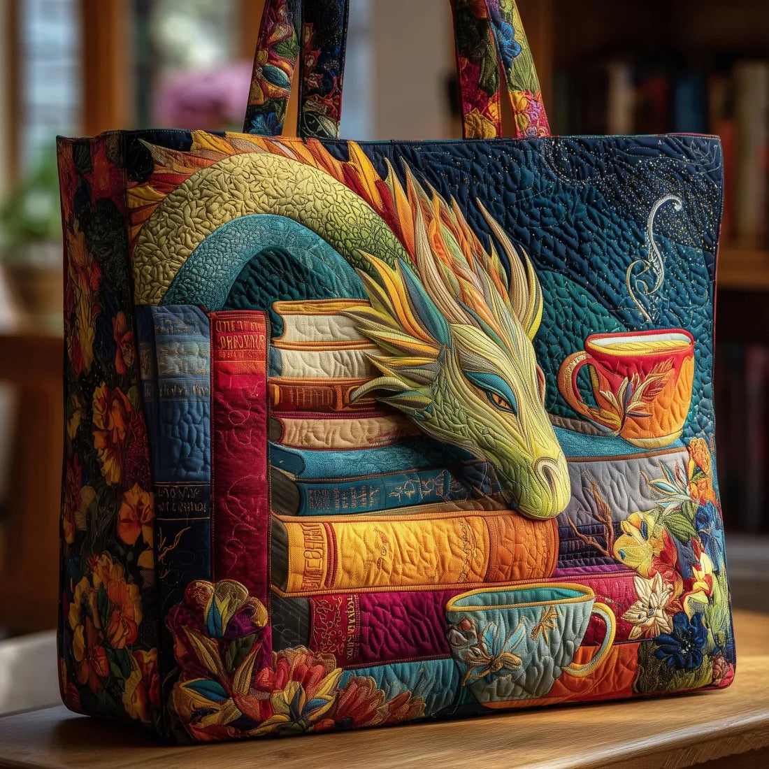 Quiltet tote bag med læsedrage med bøger og krus