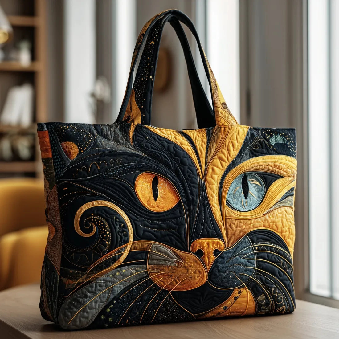 Quiltet tote bag med mystisk kat