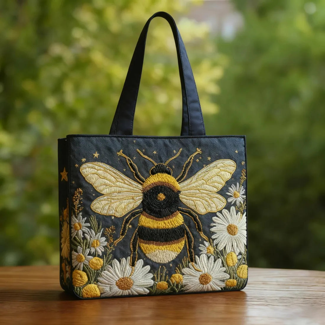 Quiltet tote bag med bi med tusindfryd og stjerner