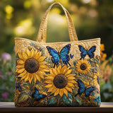 Quiltet tote bag med solsikker og blå sommerfugle