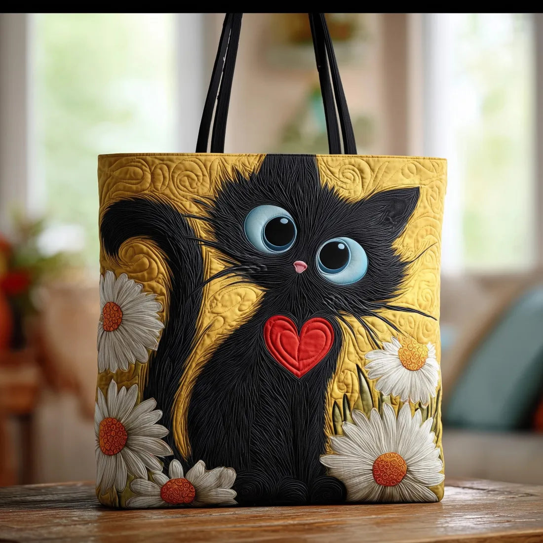 Quiltet tote bag med sort kat med tusindfryd