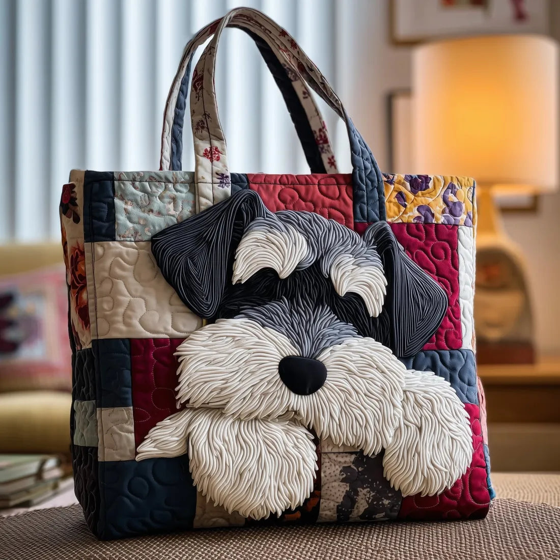 Quiltet mulepose med schnauzer