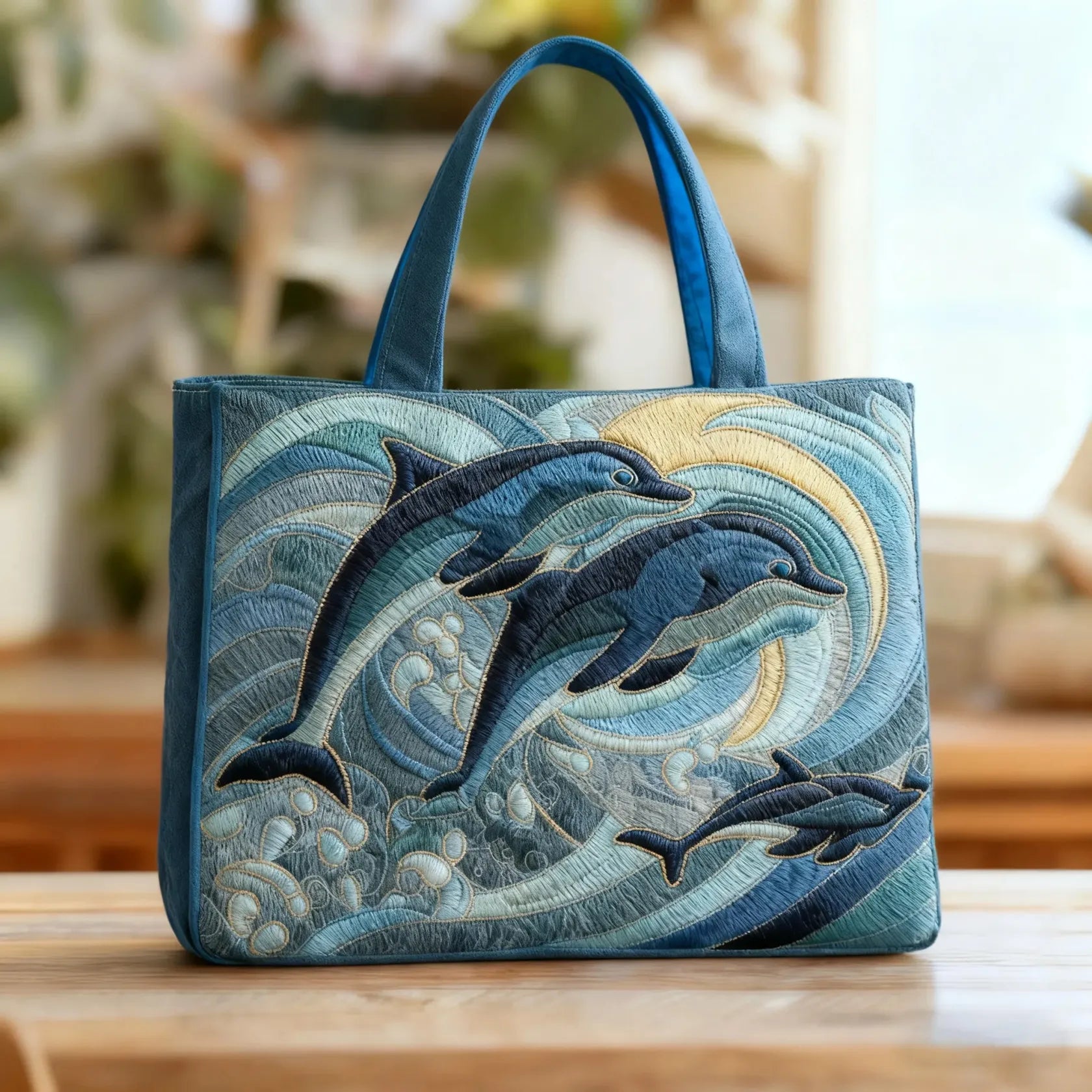 Quiltet mulepose med ocean delfin