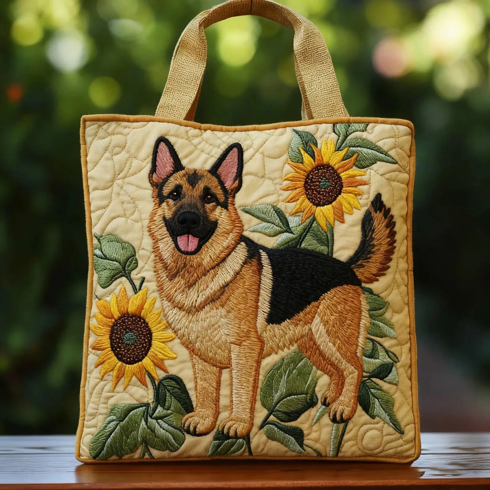 Quiltet tote bag med blomster schæferhund