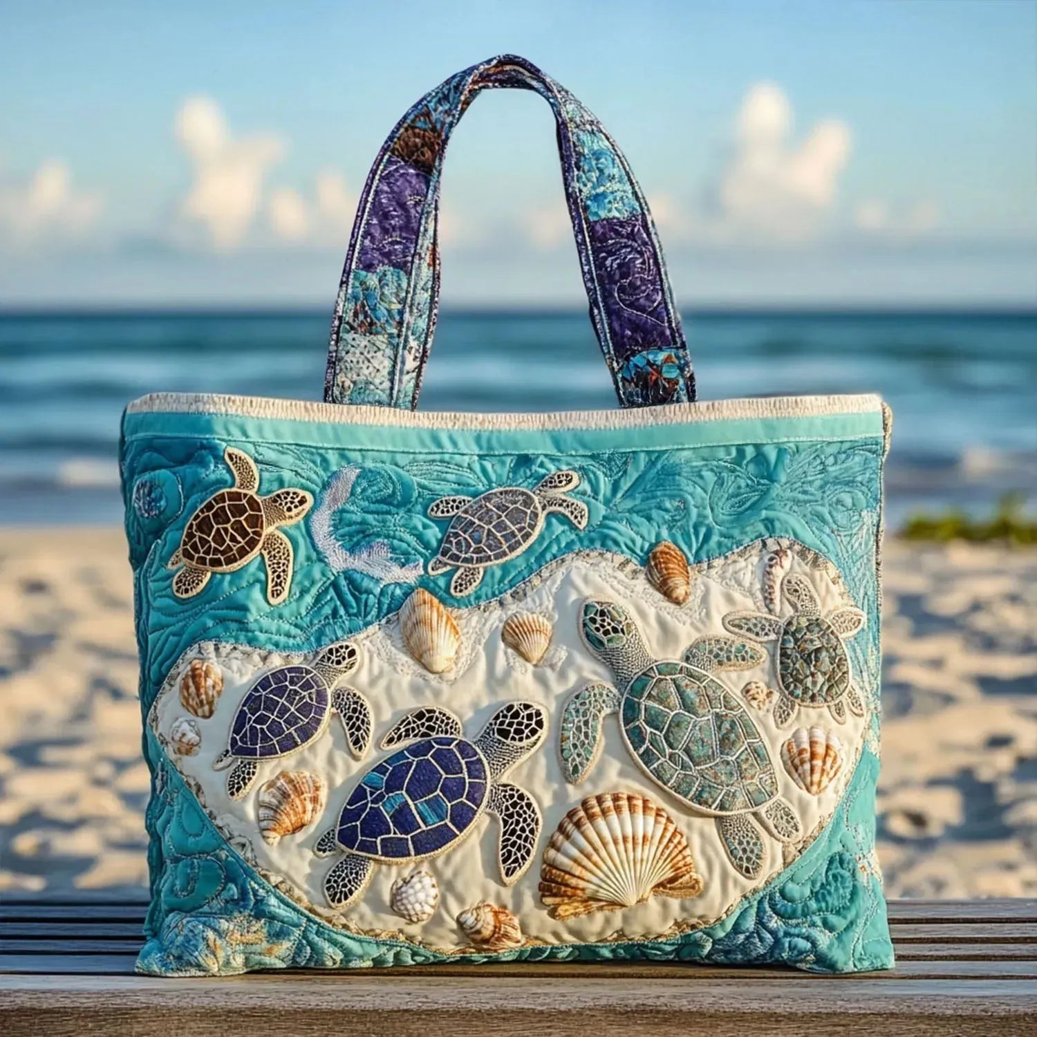 Quiltet tote bag med skildpadde kærlighed