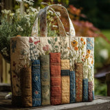 Quiltet tote bag med bøger og blomster