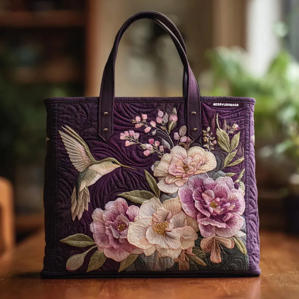 Quiltet tote bag med kolibrier og orkideer