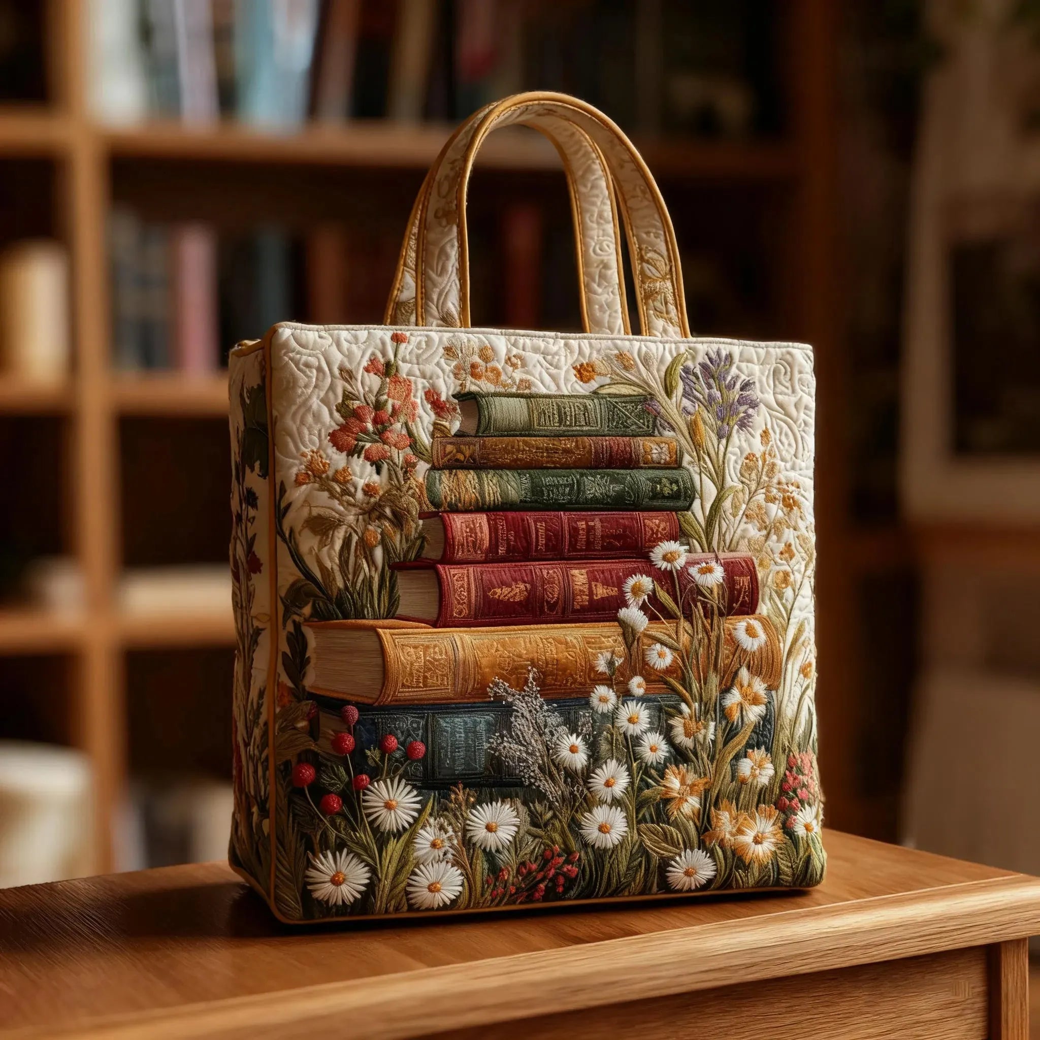 Quiltet tote bag med blomstermønster