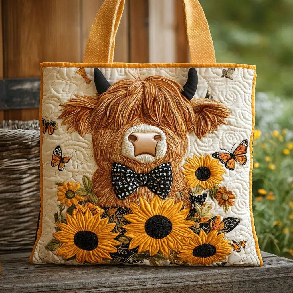 Quiltet tote bag med highland Cow med solsikker