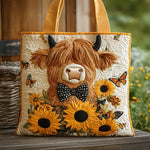 Quiltet tote bag med highland Cow med solsikker