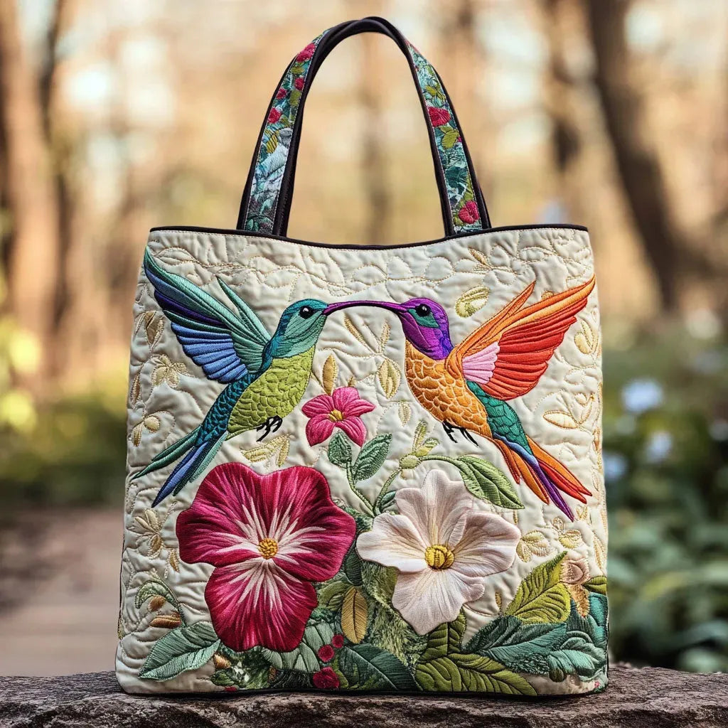 Quiltet tote bag med hummingbird og hvide blomster