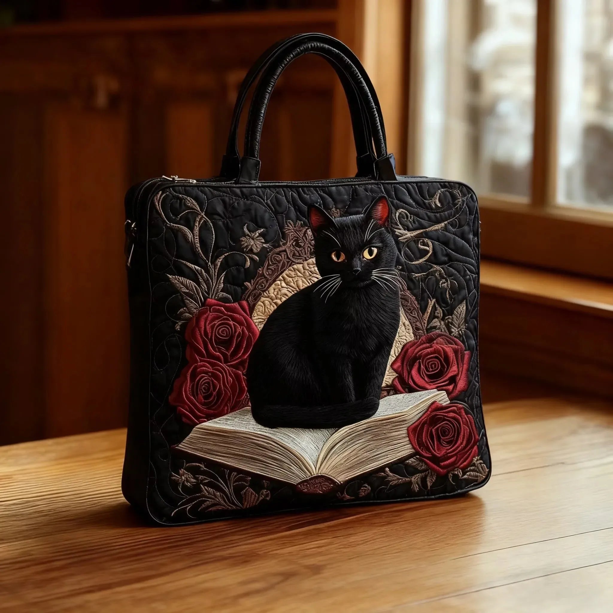 Quiltet tote bag med sort kat på bøger