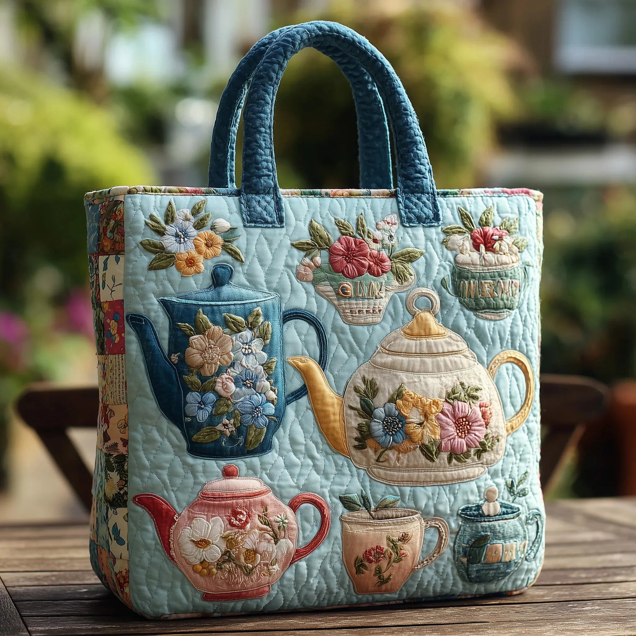 Quiltet tote bag med blomstermønster
