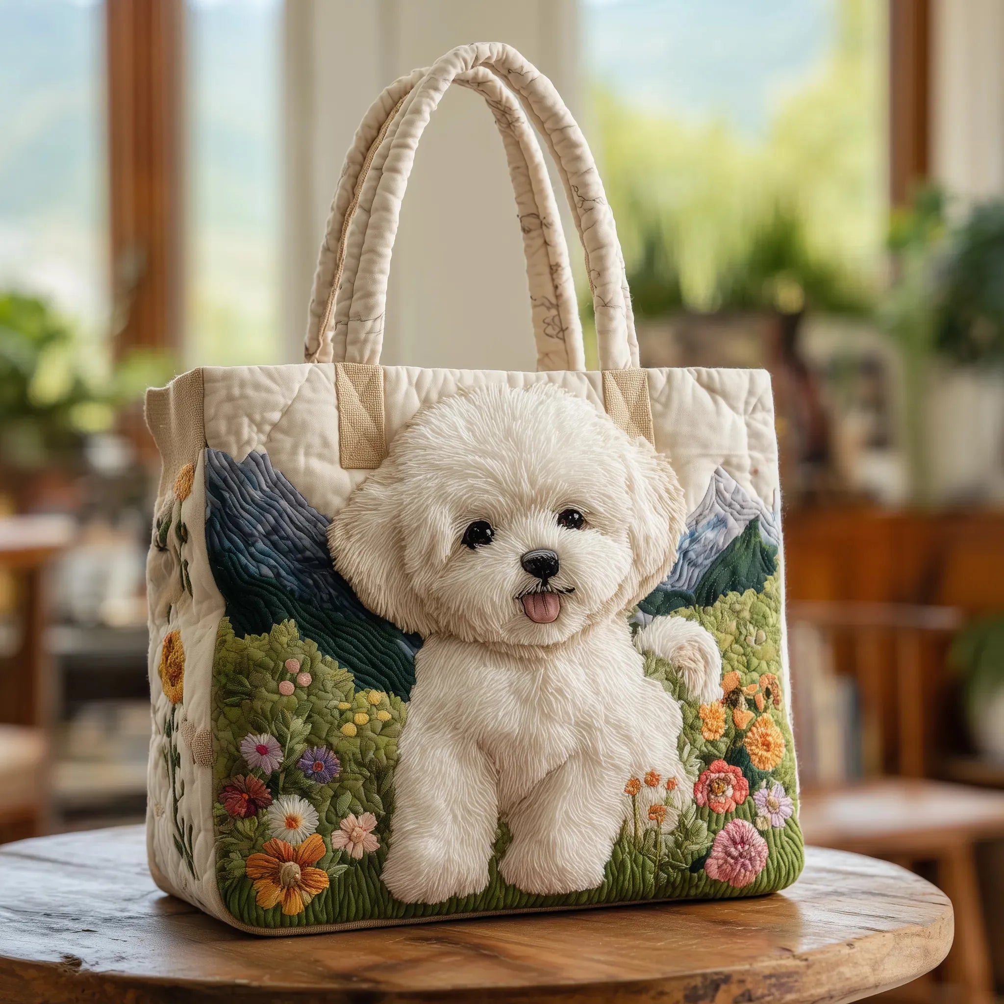 Quiltet mulepose med fortryllet hund