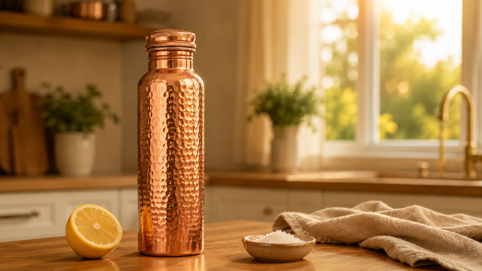 Clara Veyra Heritage Edition, massive Kupferflasche auf einer Küchenarbeitsplatte