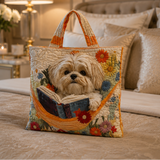 Vattert toteveske med shih tzu, bøker og blomster