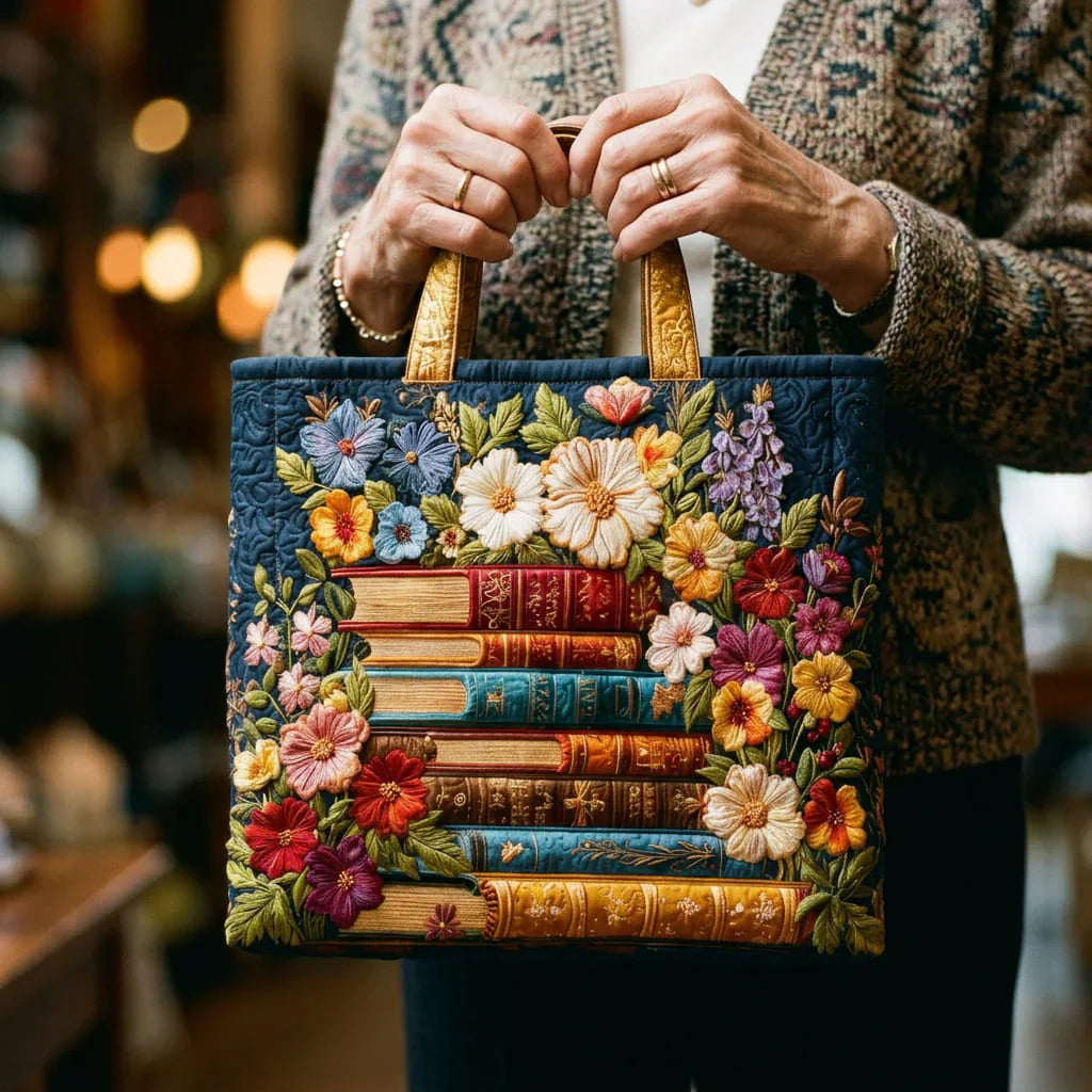 Quiltet tote bag med blomster- og bogtryk