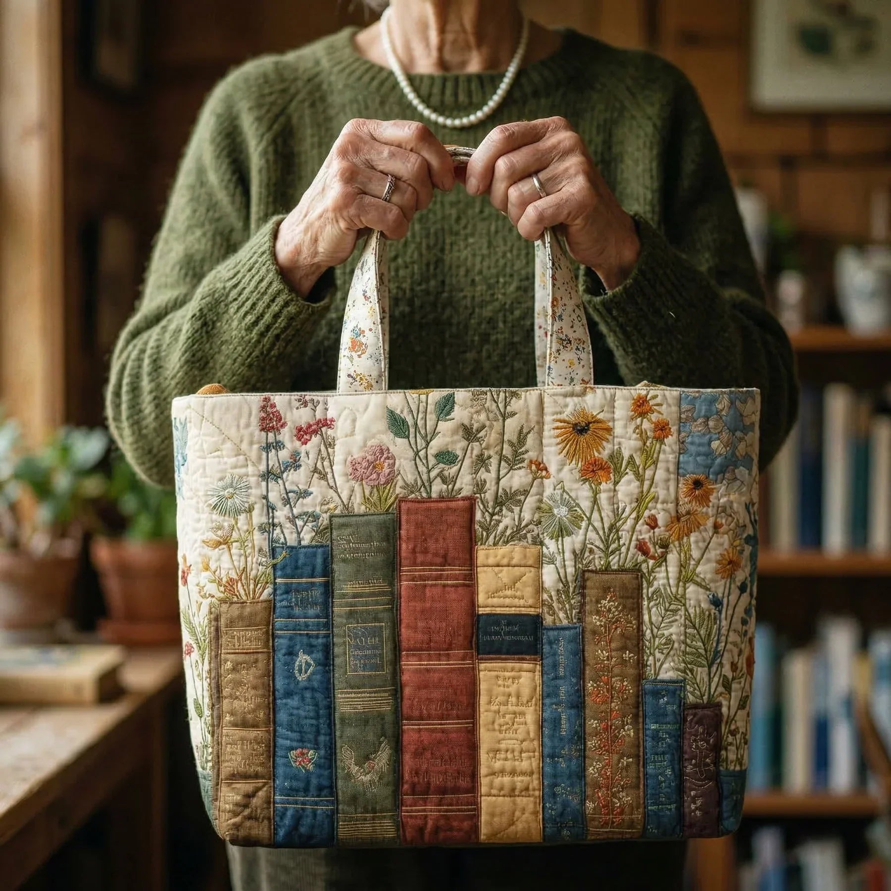 Quiltet tote bag med bøger og blomster
