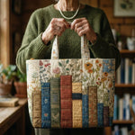 Quiltet tote bag med bøger og blomster