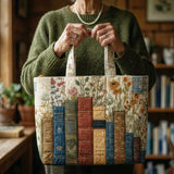 Quiltet tote bag med bøger og blomster
