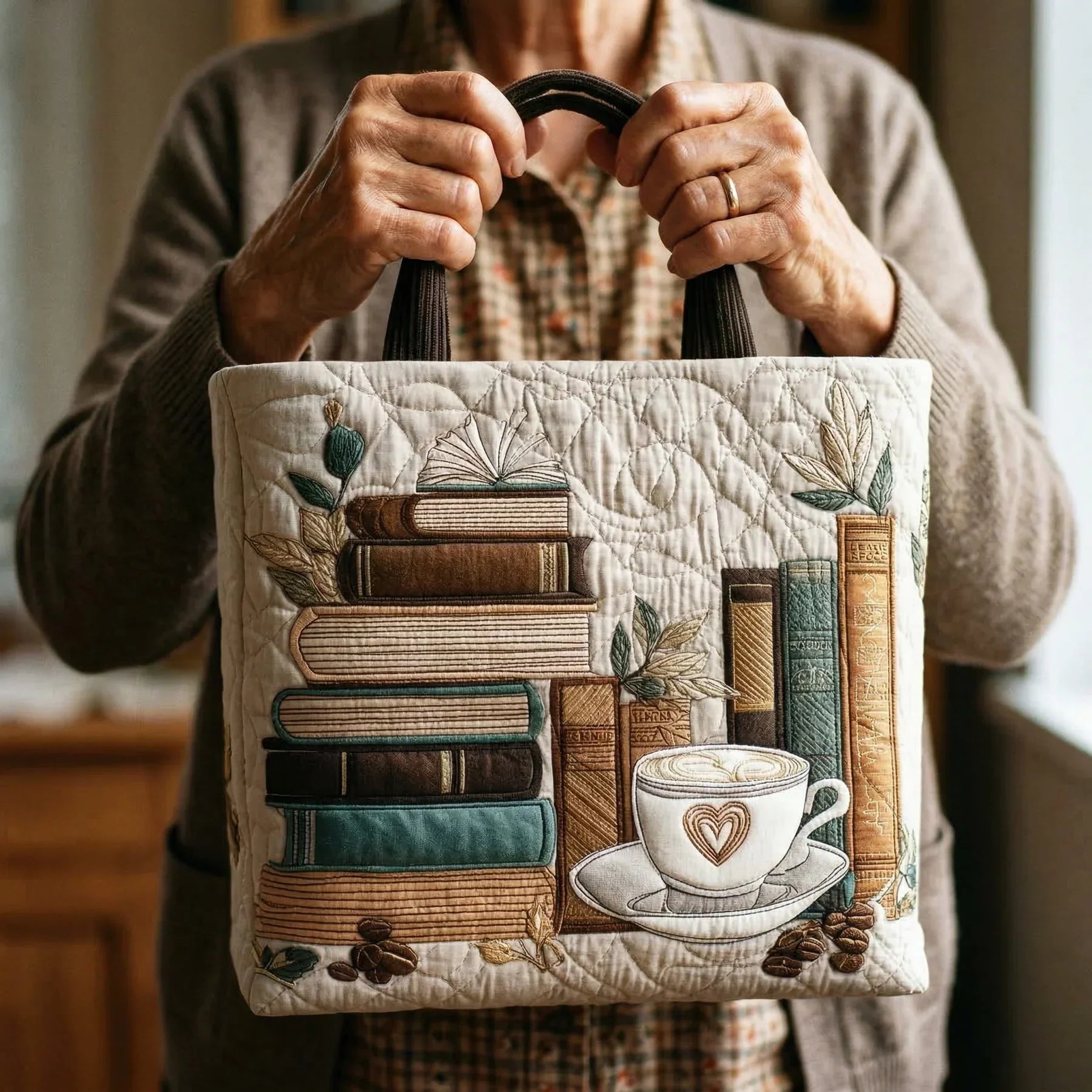 Quiltet mulepose med kaffe kapitel