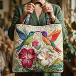 Quiltet tote bag med hummingbird og hvide blomster
