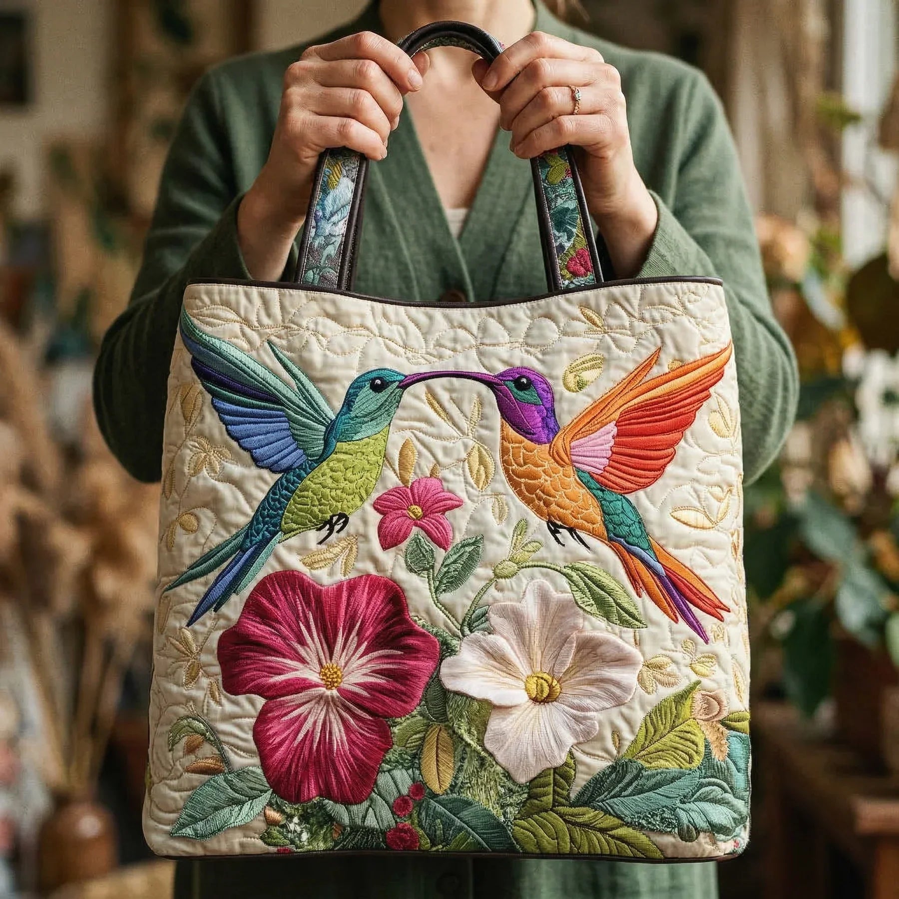 Quiltet tote bag med hummingbird og hvide blomster