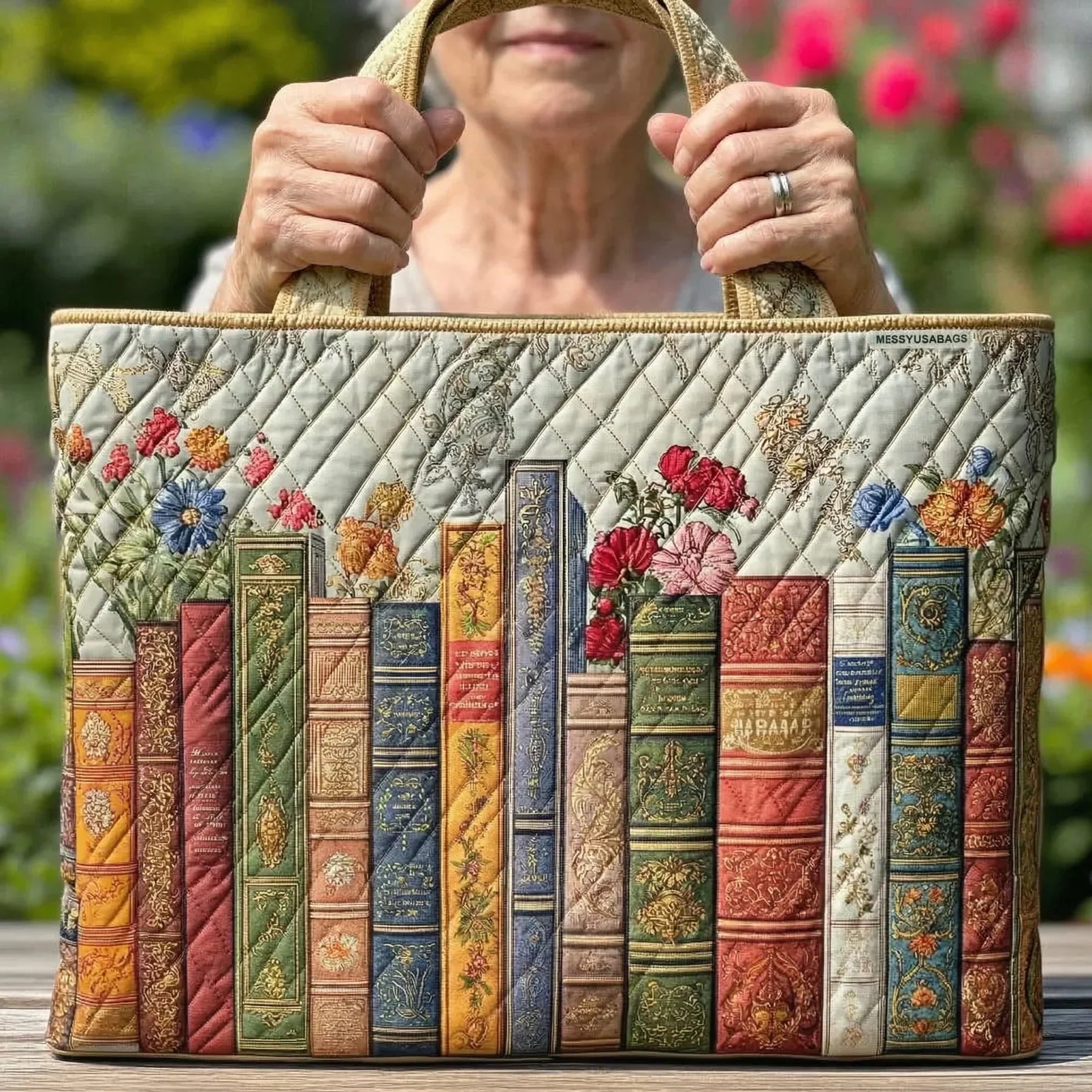 Quiltet mulepose med fortryllet bibliotek