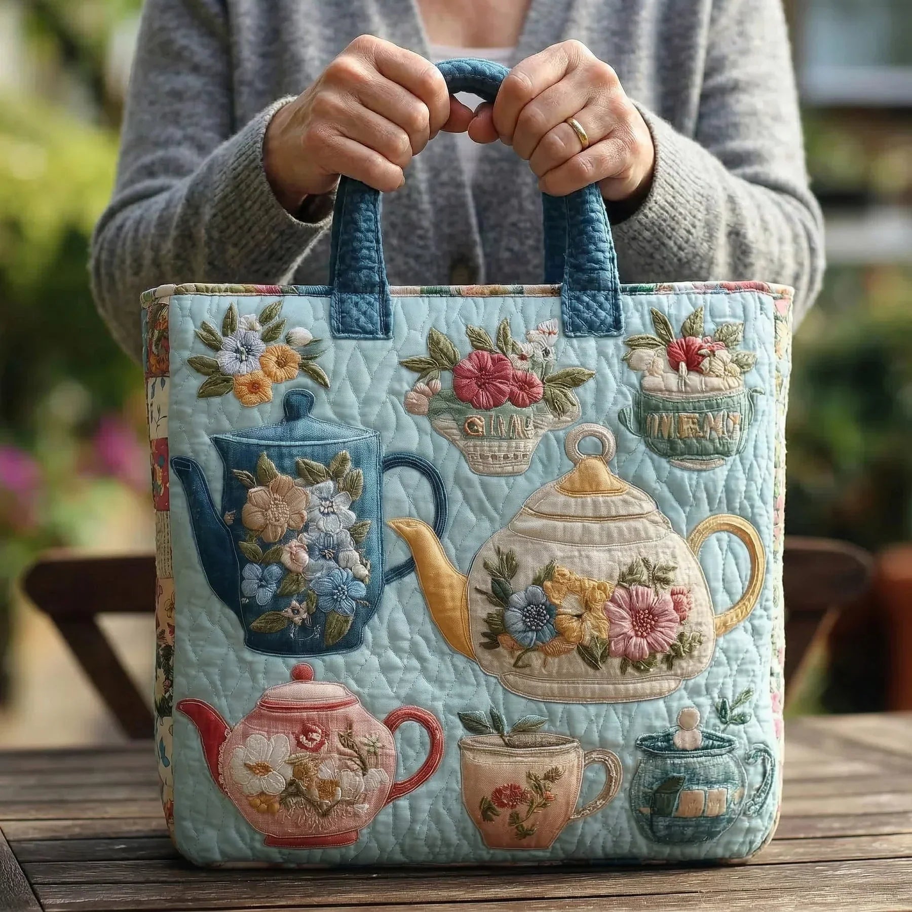 Quiltet tote bag med blomstermønster