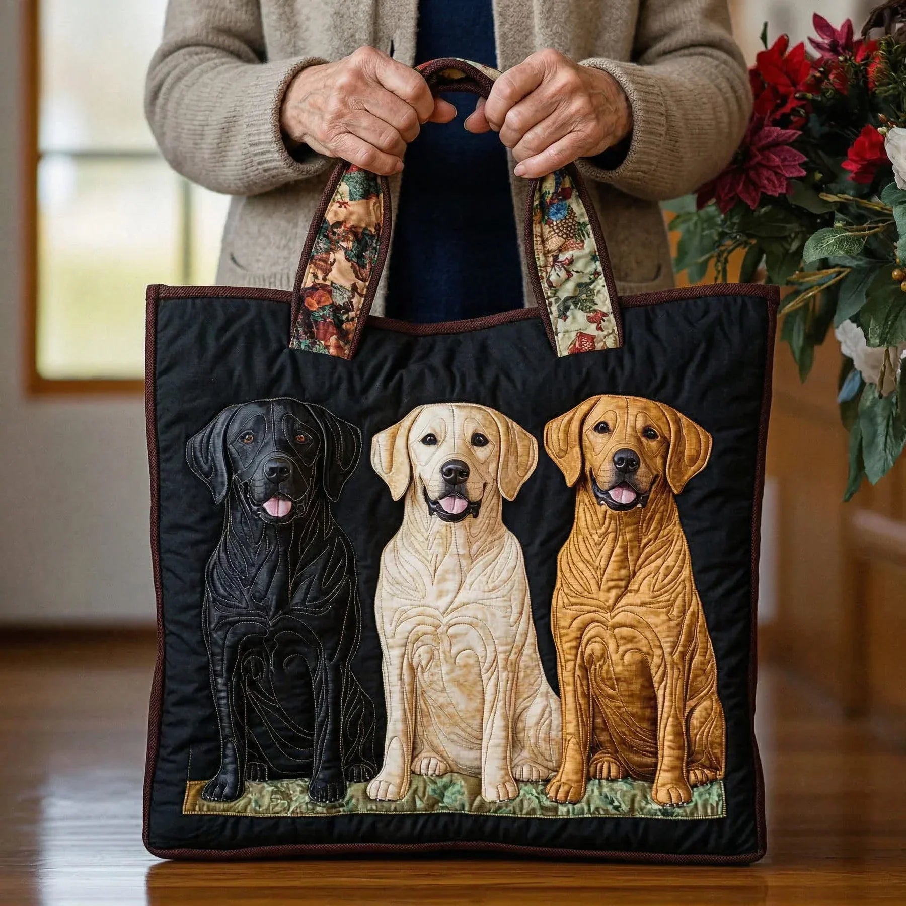 Quiltet mulepose med tre labradorer