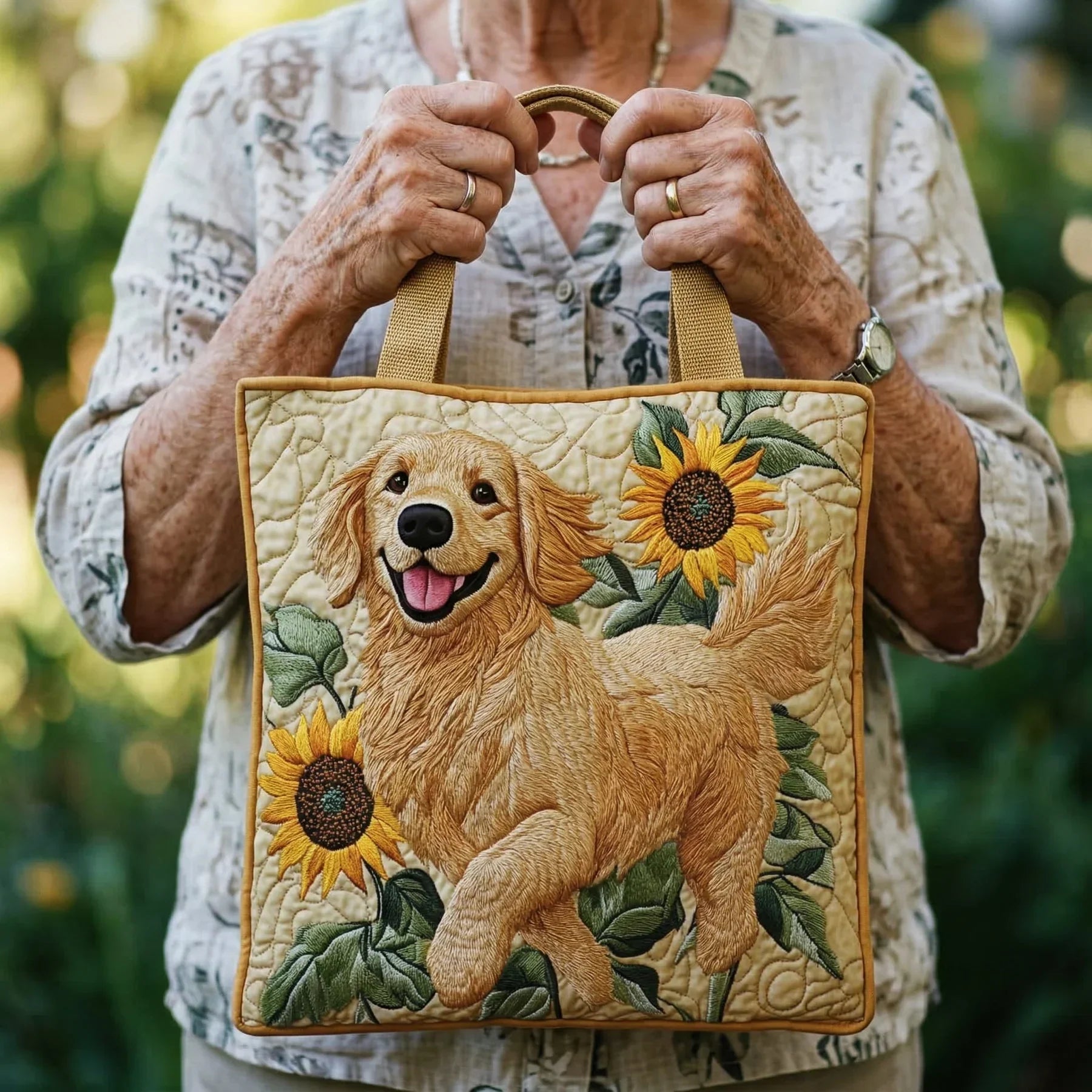 Quiltet mulepose med golden retriever