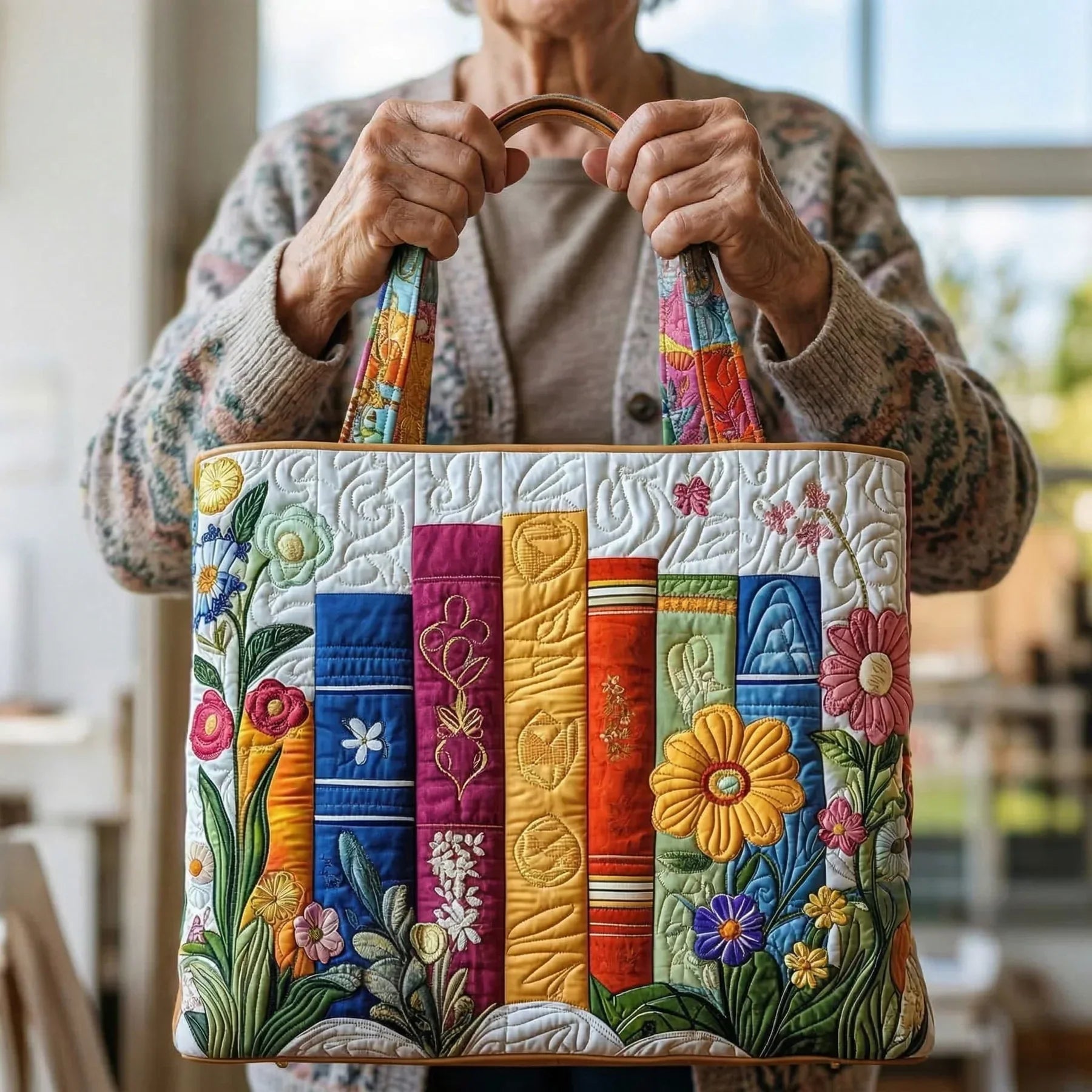 Quiltet mulepose med blomsterbibliotek