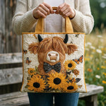 Quiltet tote bag med highland Cow med solsikker