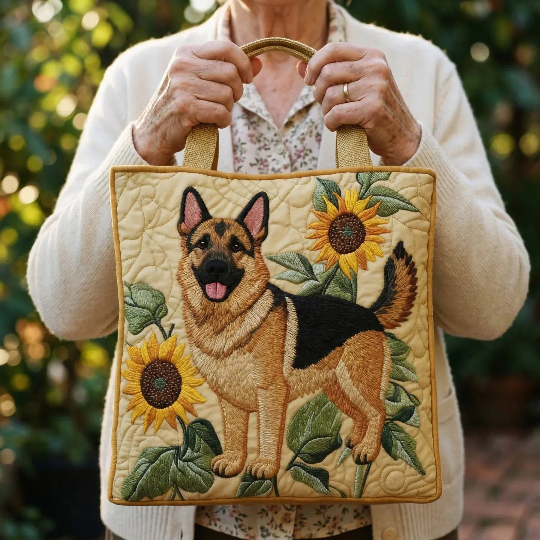 Quiltet tote bag med blomster schæferhund