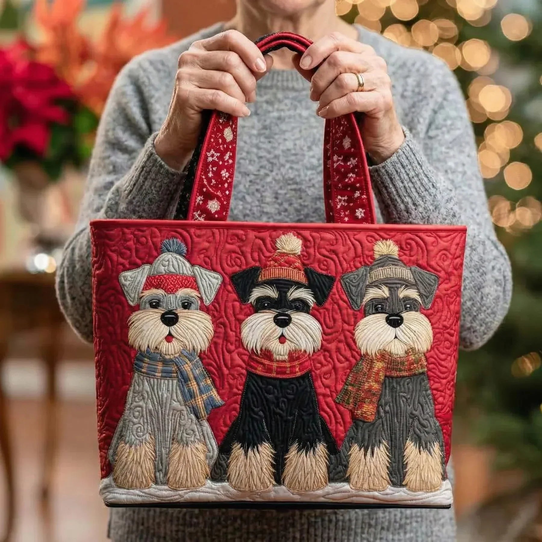 Quiltet mulepose med schnauzer Trio